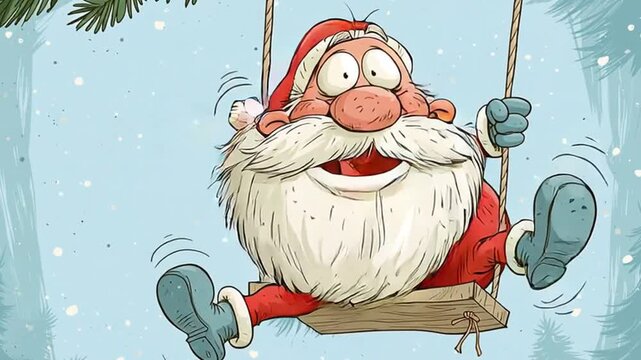 Quirky surprised comical cartoon Santa Claus riding on a rope swing in the winter in the forest, drawn animation