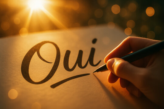 Hand writing the french word oui in elegant calligraphy