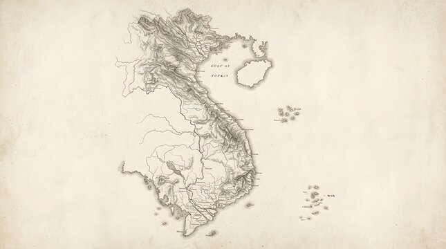 Hand-drawn vintage map of Vietnam on aged paper, featuring detailed cartographic lines and historical styling that evokes exploration, geography, and heritage.