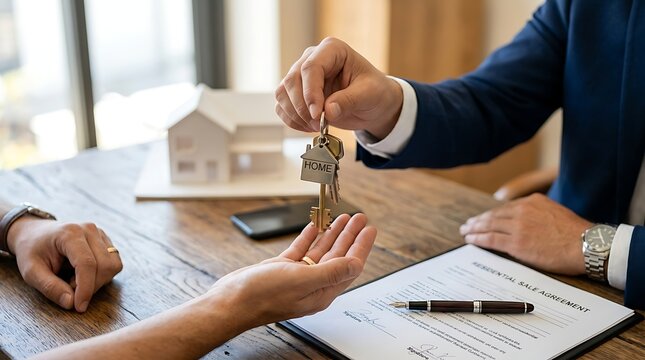 Real estate agent handing over house keys to new homeowner after signing sale agreement