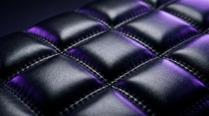 Fototapeta premium Luxurious Black Quilted Synthetic Leather Texture Background with Futuristic Purple Lighting Highlights and Detailed Stitching