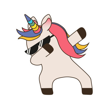 Fun Unicorn design. Vector Funny  Unicorn in black sunglasses and Unicorn pose isolated transparent background. Humor mem t-shirt print kids room decor. EPS 10 Editable stroke