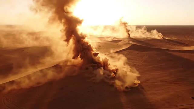 Dust devils swirling across a vast desert landscape under a clear sky