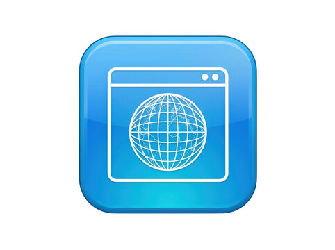 Blue glossy internet browser icon with a globe symbol isolated on transparent background