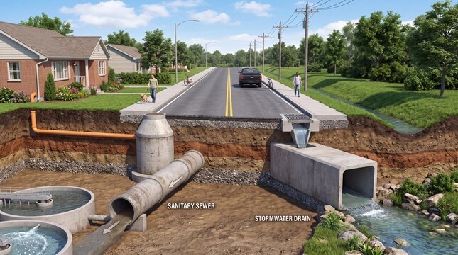 Underground cross section of suburban street with sanitary sewer and stormwater drain, representing municipal civil engineering, wastewater treatment and urban water runoff management