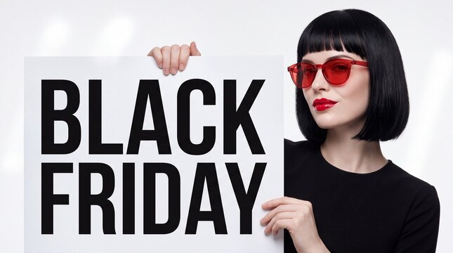 A trendy young woman with a black bob haircut wearing red sunglasses holds a promotional placard featuring bold text announcing the massive seasonal savings event for the annual Black Friday
