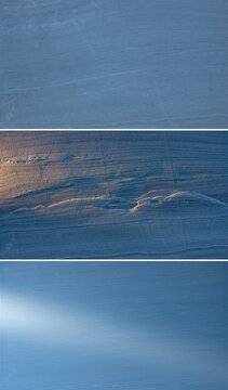 Blue stone vertical triptych background, blue grey sandstone texture with chisel marks, full frame set of 3 stacked landscape panels with copy space for story, poster and interior design