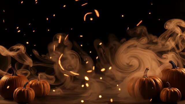 Halloween Pumpkins with Smoke and Sparks - A group of pumpkins sit on a dark surface, surrounded by swirling orange smoke and floating embers. The background is black, providing ample copy space.