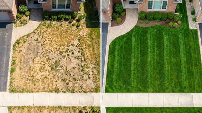 lawn renovation before and after | professional lawn care services results | backyard landscaping transformation | drought damaged grass recovery | lush green lawn maintenance