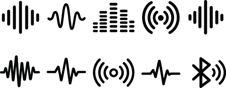 Collection of black and white sound wave and audio icons on a white background