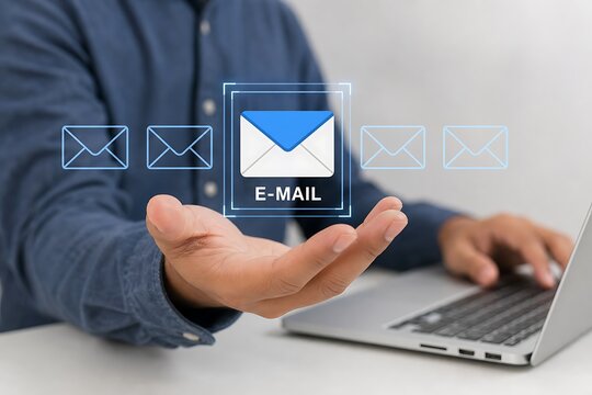 Person working on laptop with floating digital email icons representing digital communication