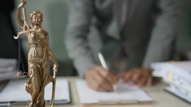 Lady Justice Statue with Legal Professional Reviewing Documents in Law Office