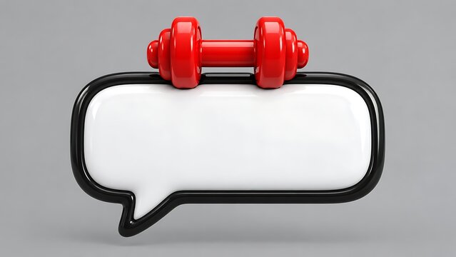 Red dumbbell on black and white speech bubble icon over grey background for fitness coaching or gym advertisement design.