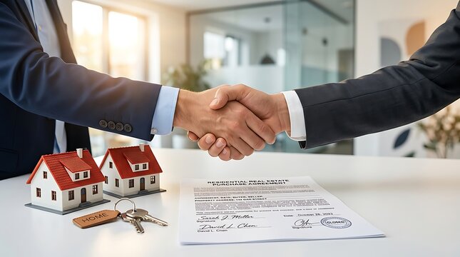 Real Estate Agreement Handshake: Closing Deal with House Models, Keys, and Contract