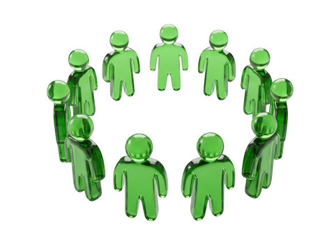 Group of green glass human figures standing in a circle isolated on transparent background