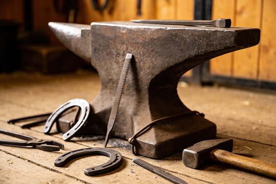 Blacksmith Forging Metal - Blacksmith anvil with metal tools and horseshoes on wooden floor
