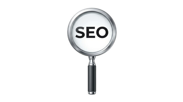 Magnifying glass with seo text isolated on transparent background