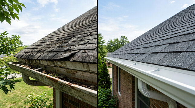 Gutter replacement before and after comparison | New seamless gutters installation on residential house | Old vs new roofing and gutter maintenance | Improving home curb appeal