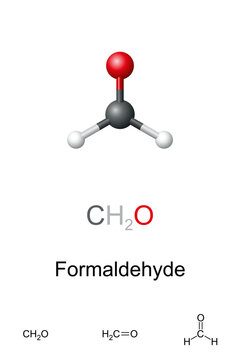 Formaldehyde, CH2O, molecule model and chemical structure. Methanal, organic compound and simplest aldehyde. Pungent colorless gas mainly used in the production of industrial resins. Isolated. Vector