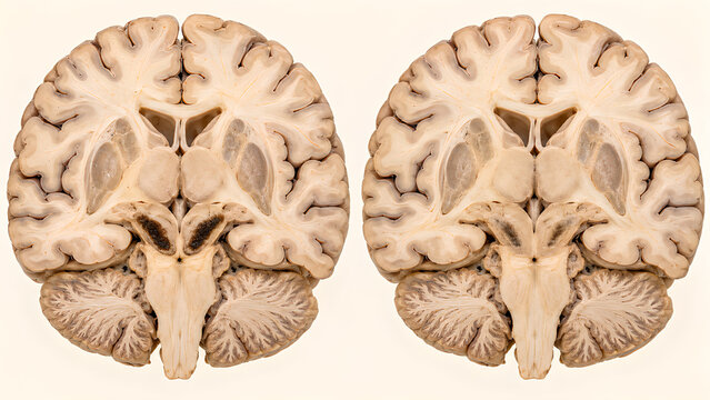 Parkinson disease versus normal brain anatomy in a photorealistic medical illustration showing reduced substantia nigra pigmentation in paired cutaway views for neurology and patient education