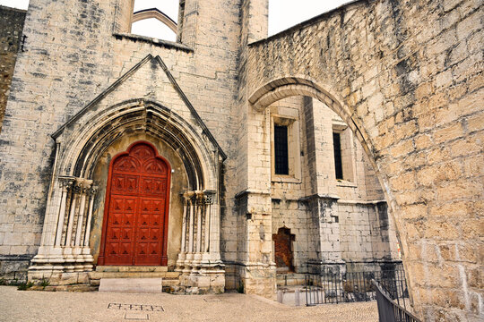 Gothic Portal and Flying Buttress Arch at Carmo Convent Ruins in Lisbon