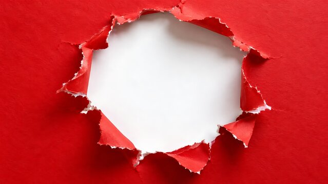 Red torn paper hole reveals white background background for creative advertisement message or revealing marketing concept.