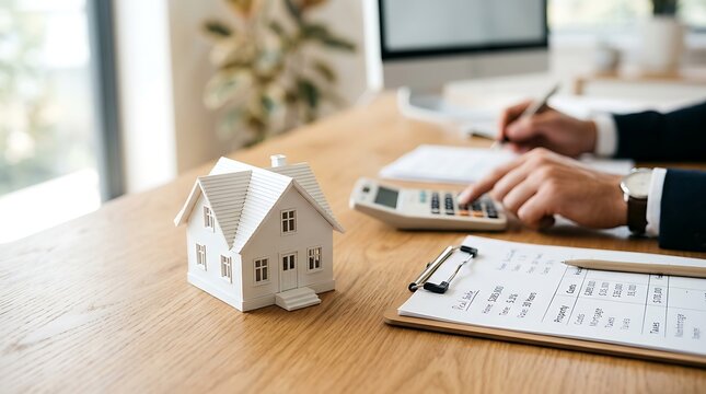 Real estate investment analysis with house model, calculator, and financial documents