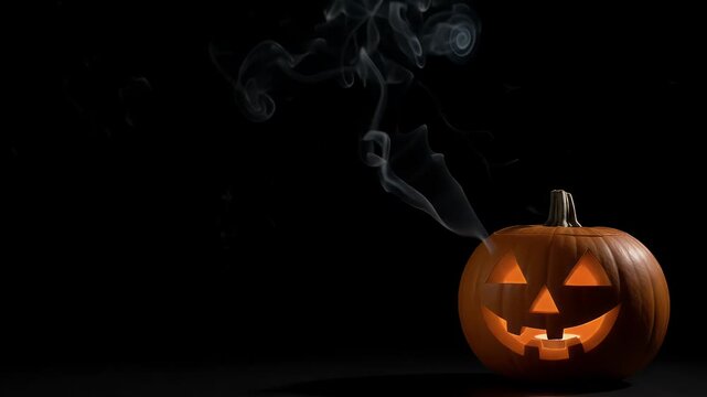 Spooky Jack-o'-Lantern with Smoke on Black Background - A single carved Halloween pumpkin sits on the lower right of a dark surface, emitting wisps of smoke from its carved features.