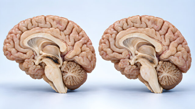 Parkinson disease versus normal brain anatomy in a photorealistic medical illustration showing reduced substantia nigra pigmentation in paired cutaway views for neurology and patient education