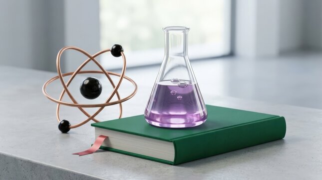 Scientific laboratory still life featuring a glass Erlenmeyer flask with purple liquid sitting on a green book next to a copper atom model for chemistry and physics education concepts.