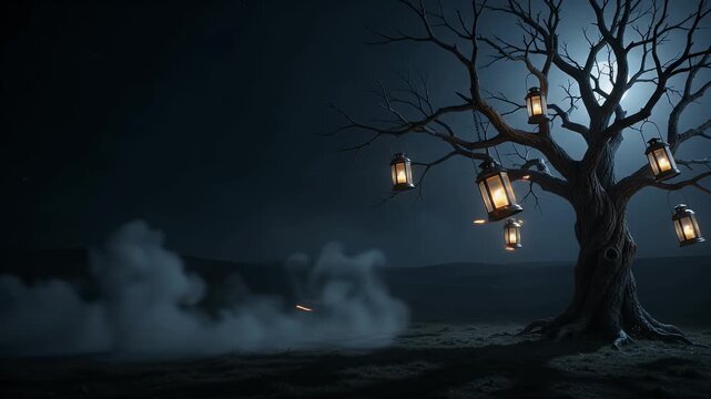 Haunted Tree With Lanterns at Night - A bare, twisted tree with multiple glowing lanterns hanging from its branches stands against a dark, misty night sky.