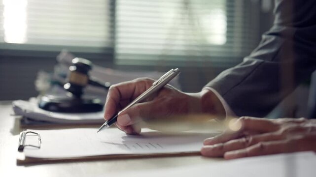 Legal Professional Signing Documents with Judge Gavel on Desk