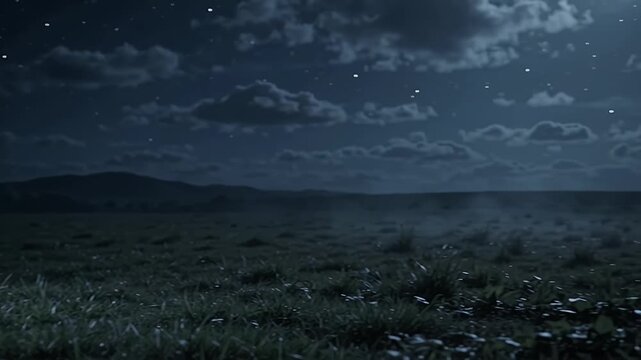 Mysterious Night Field with Pumpkins and Distant Hills - Two pumpkins rest in the grass on the lower left of the frame, silhouetted against a dusky, star-filled sky with cloudy textures.