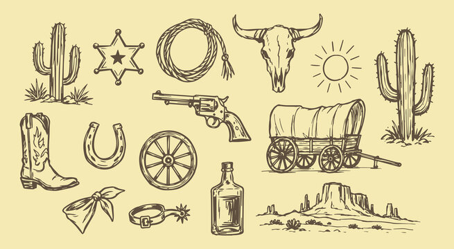 Wild West Cowboy Elements Hand Drawn Vintage Set