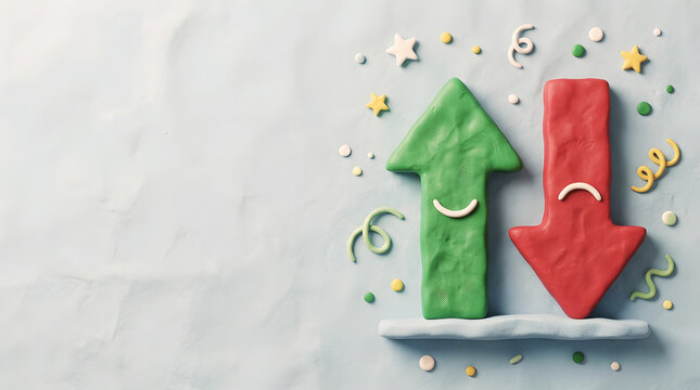 Clay up arrow and down arrow show increase and decrease with happy and sad faces on light blue background.