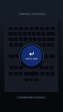Motion graphic video of apply now glowing button on dark blue futuristic user interface screen.