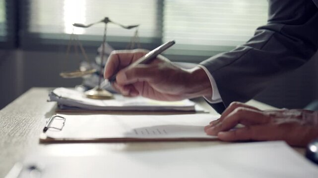 Legal Professional Reviewing and Signing Documents with Scales of Justice