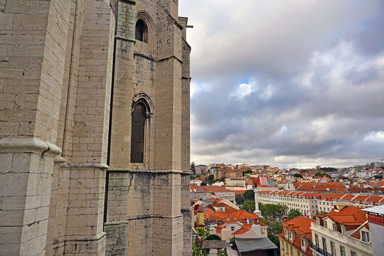 View of Lisbon Cityscape and Rossio Square from Carmo Convent Ruins