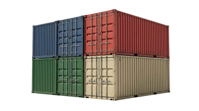 Stack of colorful shipping containers isolated on transparent background