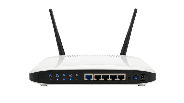 Modern wireless internet router with two antennas isolated on transparent background