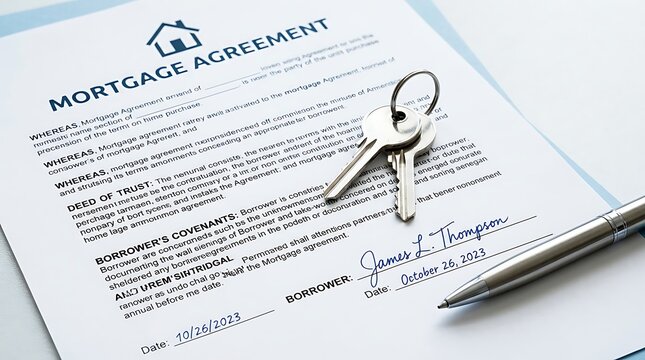 Signed mortgage agreement with keys and pen, symbolizing homeownership and financial commitment