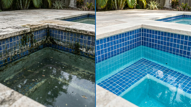 Professional pool cleaning services before and after | Algae removal and tile restoration | Swimming pool maintenance results | Clean vs dirty hot tub transformation