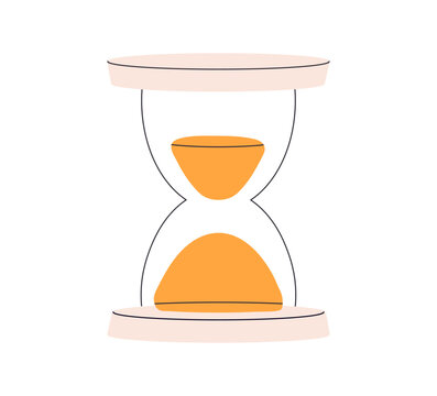 Hourglass with flowing sand, traditional time measuring device for countdowns and passing moments, symbol of time management, deadlines and waiting, glass sand clock flat vector illustration.