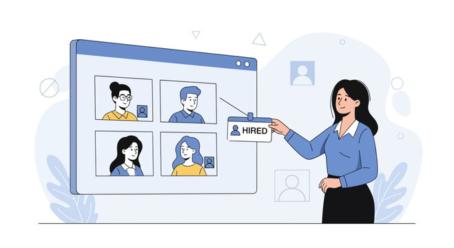 Businesswoman selects candidate on screen for hiring during virtual interview, modern flat illustration