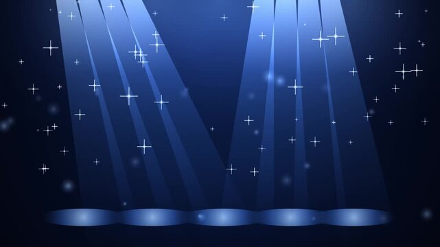 Blue Stage Background Featuring Bright Vertical Spotlights and Animated Twinkling Stars Motion Graphi