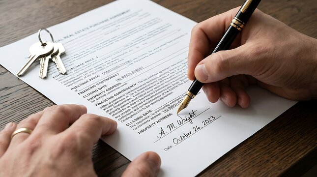 Signing Real Estate Purchase Agreement with Keys and Fountain Pen for Home Buying Success