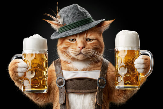 Serious ginger cat in Bavarian hat holding two beer mugs isolated on black background, Oktoberfest concept