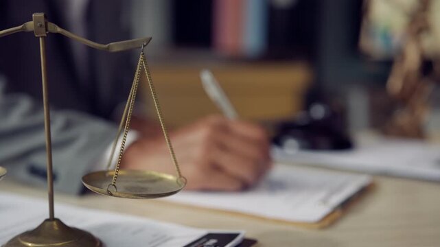 Lawyer Preparing Legal Documents with Justice Scales at Office Desk