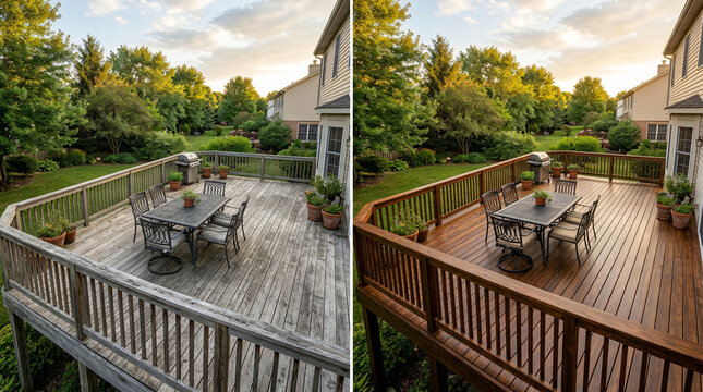 before and after deck staining comparison | backyard deck restoration transformation | professional wood deck cleaning and staining results
