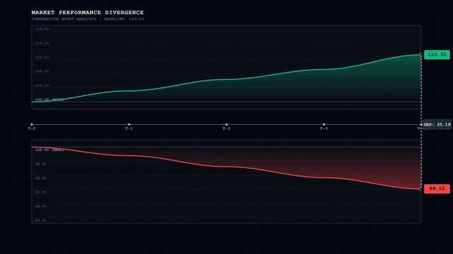 A 10-second seamless loop showing two fictional market performance trajectories starting from the same baseline and progressively diverging over time. Clean, premium financial aesthetics.